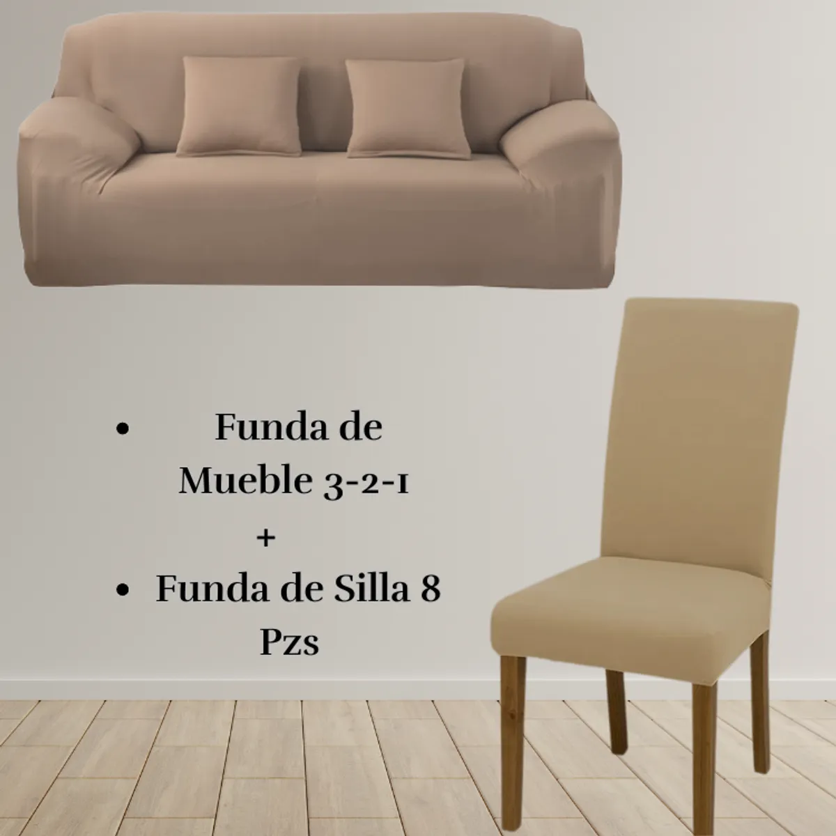 SALA FABULOSA - Pack Funda de Mueble 3-2-1 con 8 Fundas de Silla Lycra BEIGE
