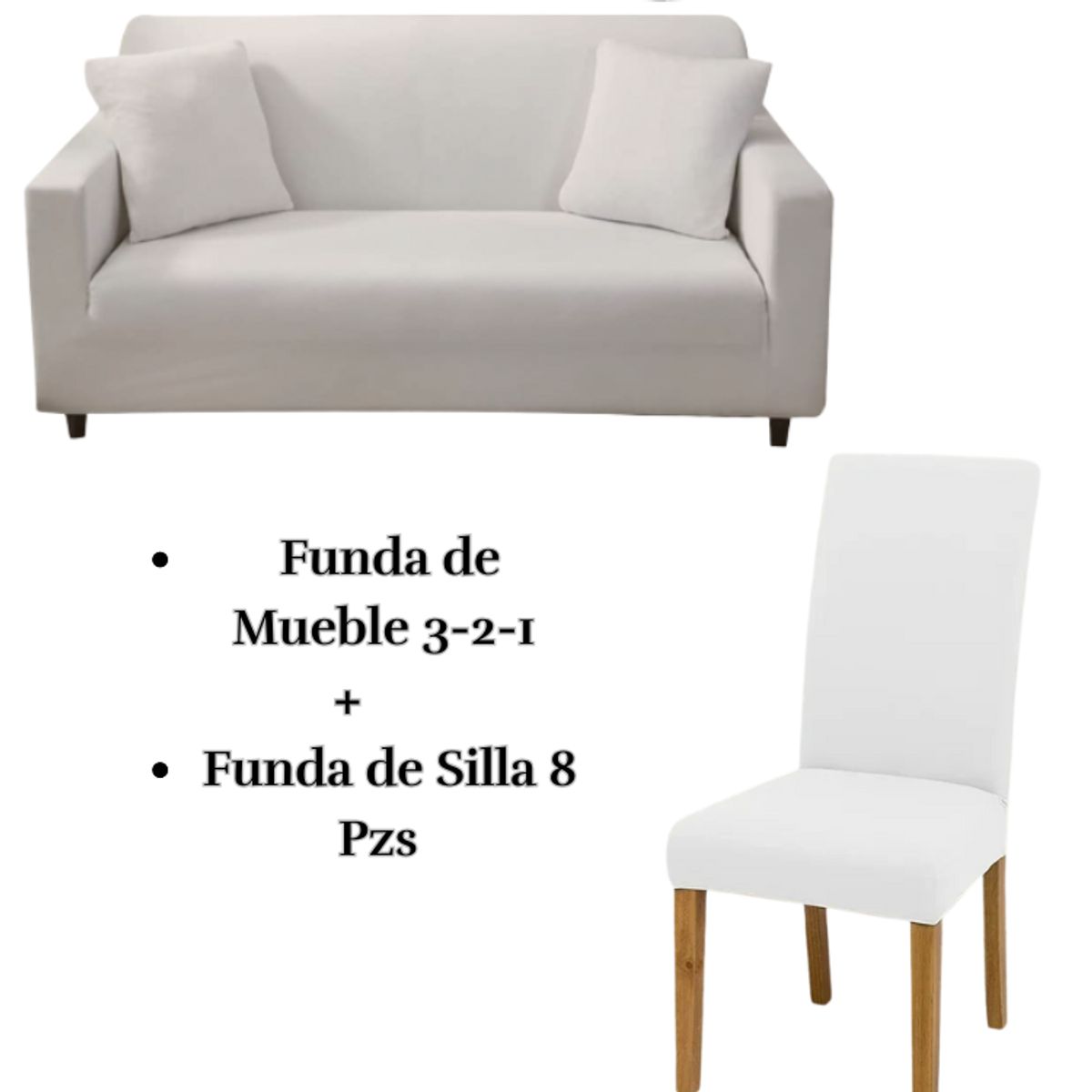 SALA FABULOSA - Pack Funda de Mueble 3-2-1 con 8 Fundas de Silla Lycra BLANCO