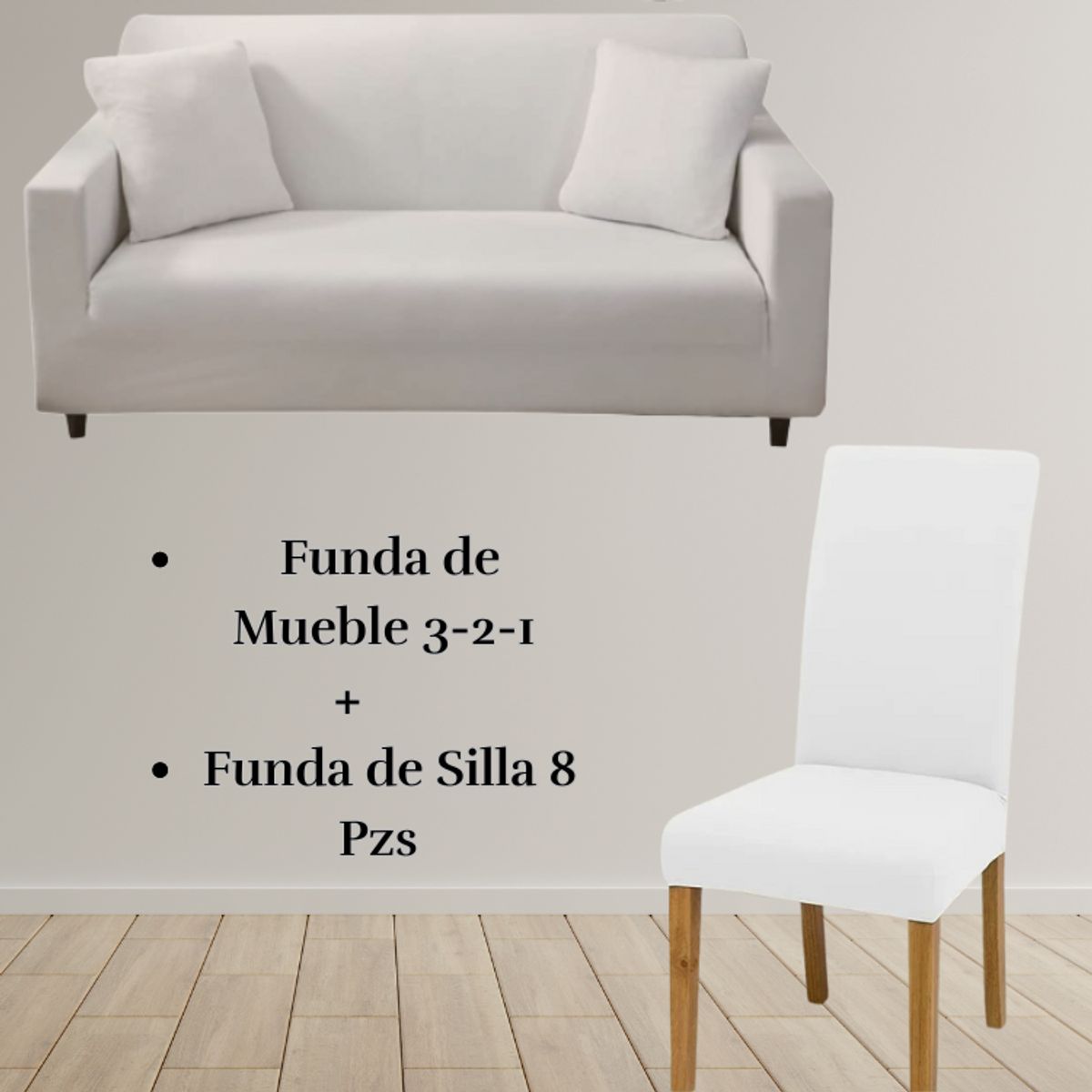 SALA FABULOSA - Pack Funda de Mueble 3-2-1 con 8 Fundas de Silla Lycra BLANCO