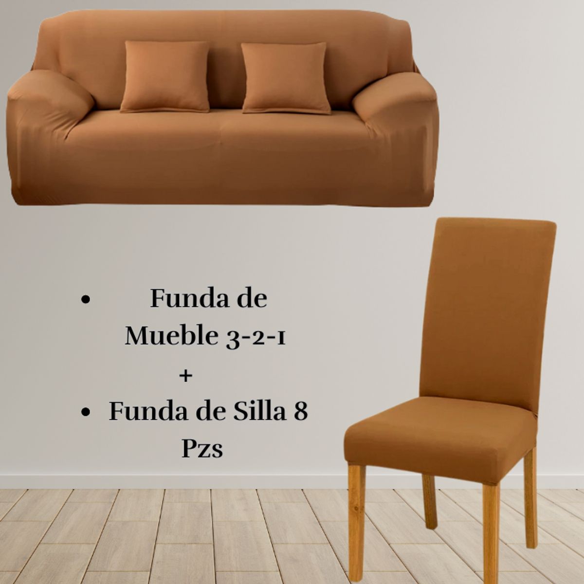 SALA FABULOSA - Pack Funda de Mueble 3-2-1 con 8 Fundas de Silla Lycra CAMEL