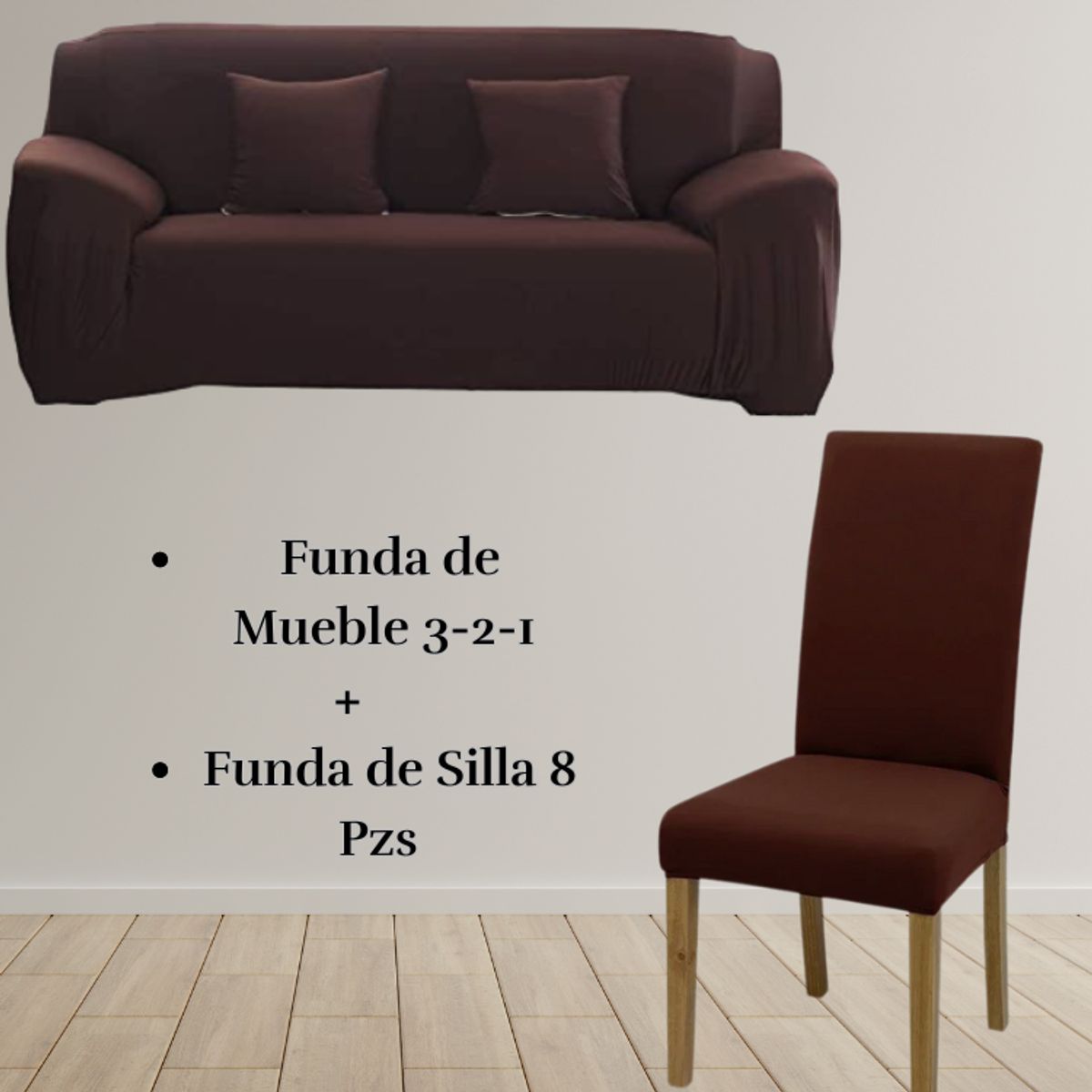 SALA FABULOSA - Pack Funda de Mueble 3-2-1 con 8 Fundas de Silla Lycra CHOCOLATE