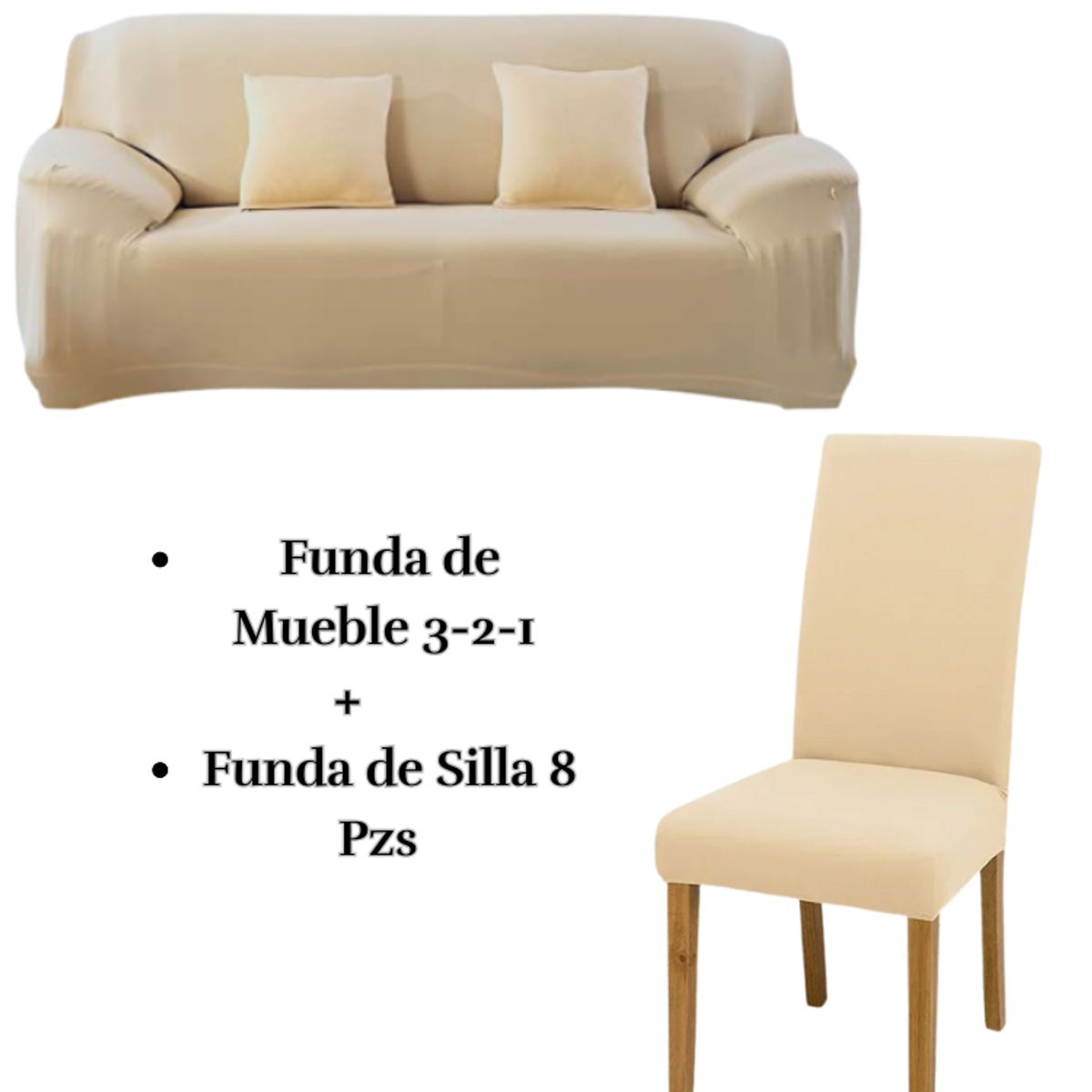 SALA FABULOSA - Pack Funda de Mueble 3-2-1 con 8 Fundas de Silla Lycra CREMA
