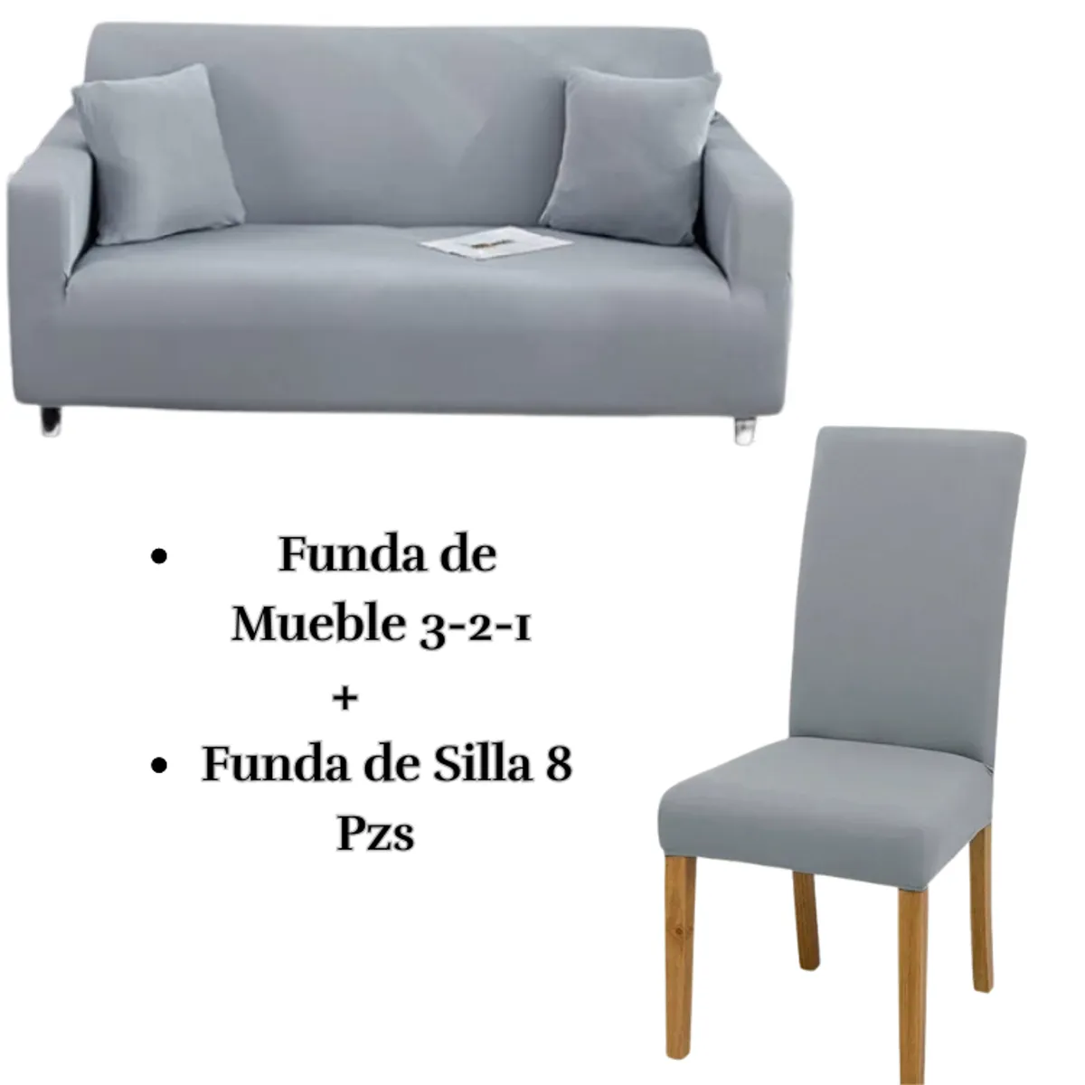 SALA FABULOSA - Pack Funda de Mueble 3-2-1 con 8 Fundas de Silla Lycra GRIS