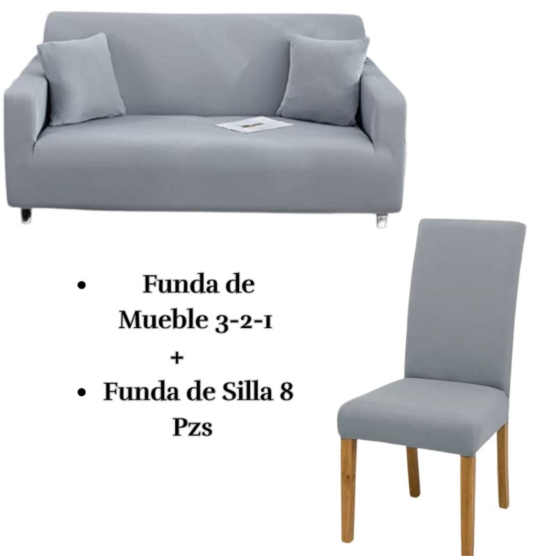 SALA FABULOSA - Pack Funda de Mueble 3-2-1 con 8 Fundas de Silla Lycra GRIS