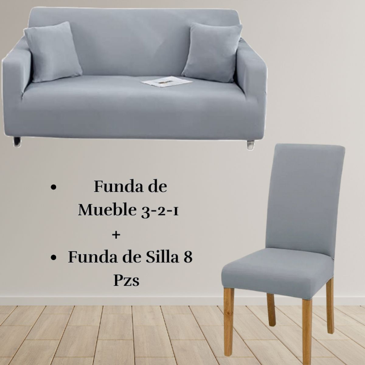 SALA FABULOSA - Pack Funda de Mueble 3-2-1 con 8 Fundas de Silla Lycra GRIS