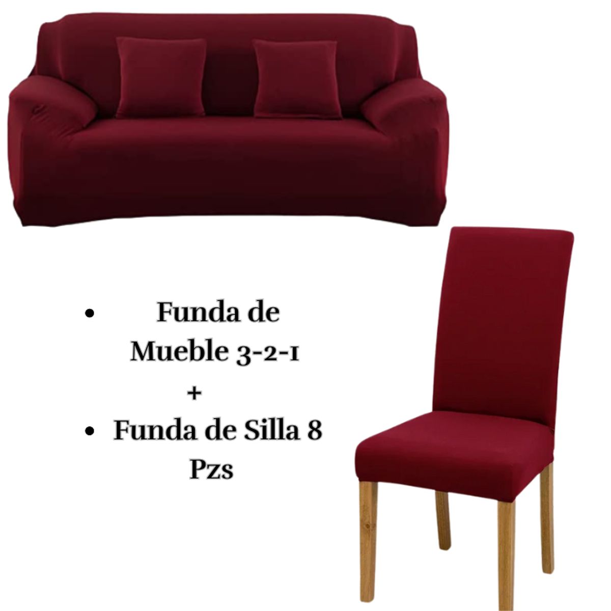 SALA FABULOSA - Pack Funda de Mueble 3-2-1 con 8 Fundas de Silla Lycra GUINDA