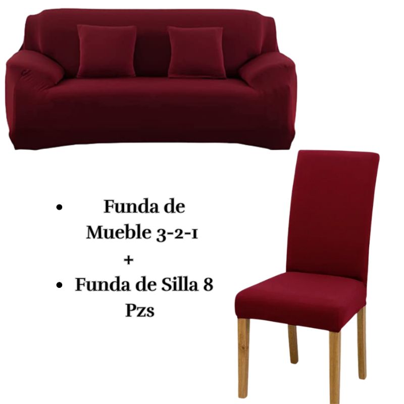 SALA FABULOSA - Pack Funda de Mueble 3-2-1 con 8 Fundas de Silla Lycra GUINDA