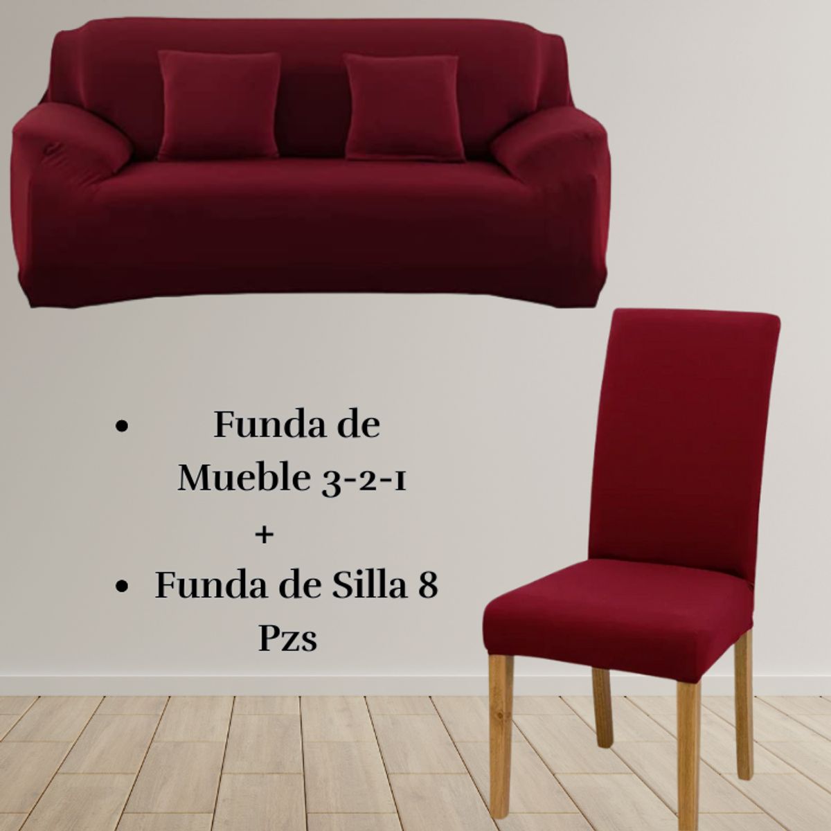 SALA FABULOSA - Pack Funda de Mueble 3-2-1 con 8 Fundas de Silla Lycra GUINDA