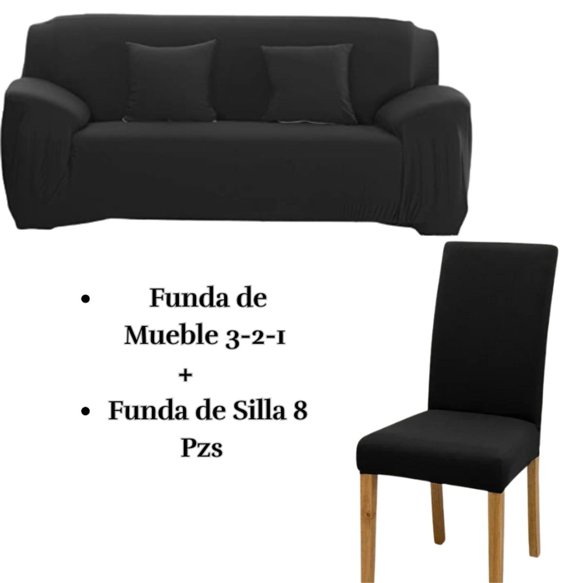 SALA FABULOSA - Pack Funda de Mueble 3-2-1 con 8 Fundas de Silla Lycra NEGRO