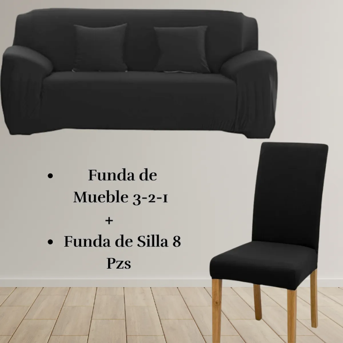 SALA FABULOSA - Pack Funda de Mueble 3-2-1 con 8 Fundas de Silla Lycra NEGRO