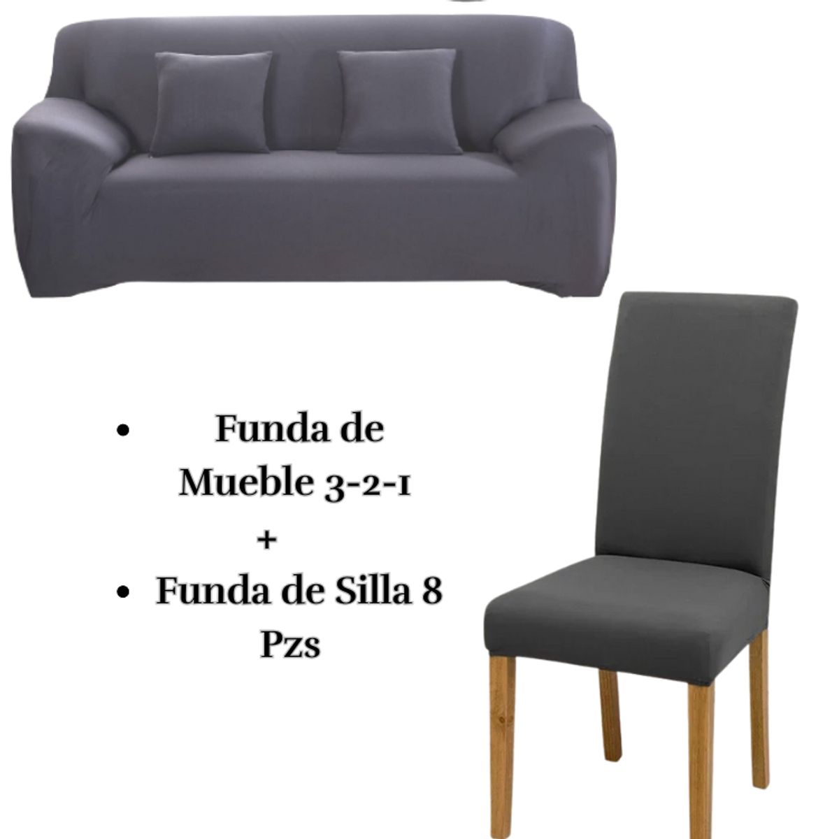 SALA FABULOSA - Pack Funda de Mueble 3-2-1 con 8 Fundas de Silla Lycra PLOMO