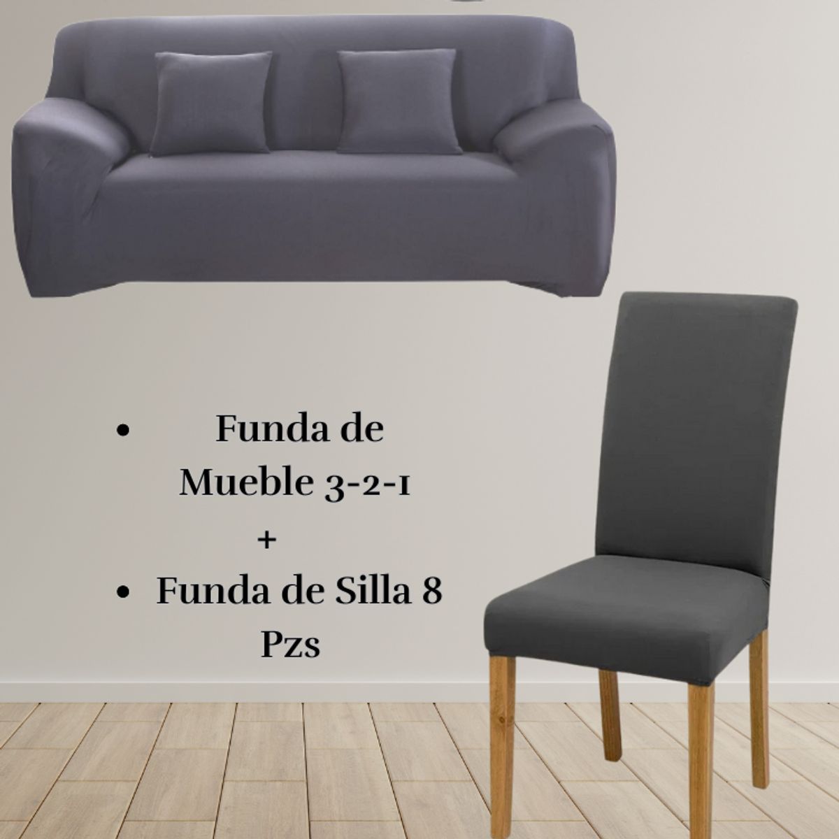 SALA FABULOSA - Pack Funda de Mueble 3-2-1 con 8 Fundas de Silla Lycra PLOMO