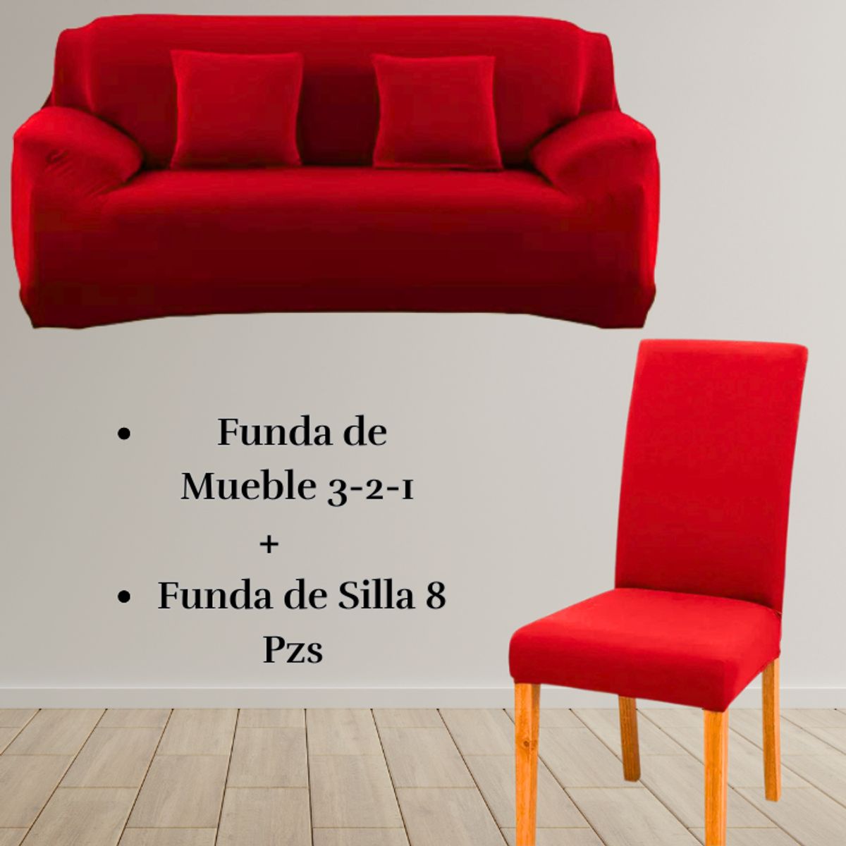 SALA FABULOSA - Pack Funda de Mueble 3-2-1 con 8 Fundas de Silla Lycra ROJO
