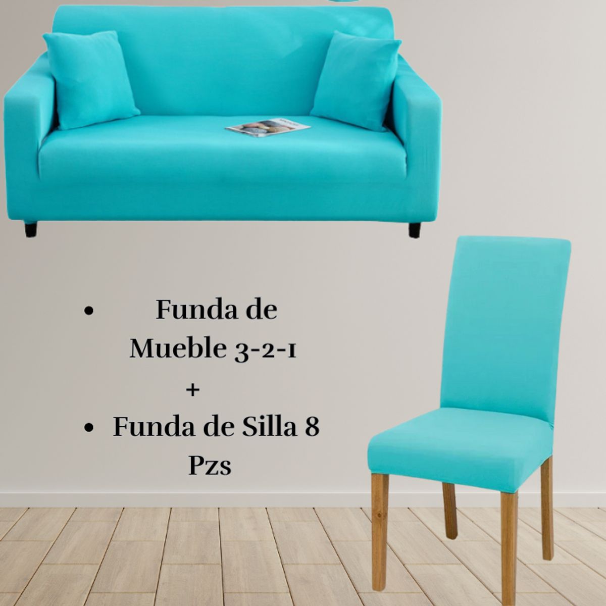 SALA FABULOSA - Pack Funda de Mueble 3-2-1 con 8 Fundas de Silla Lycra TURQUESA