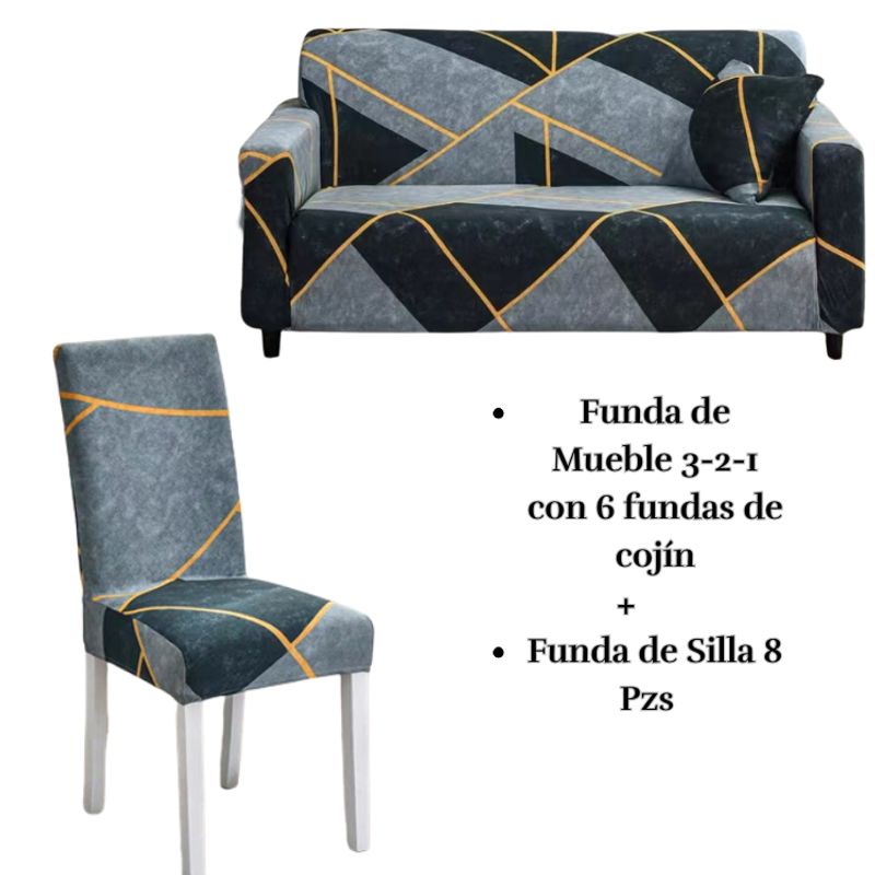 SALA FABULOSA - Pack Funda de Mueble 3-2-1 con 8 Fundas de Silla Lycra LUXURY BLACK