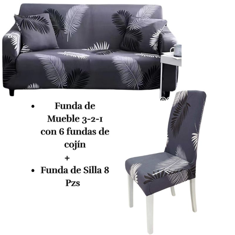 SALA FABULOSA - Pack Funda de Mueble 3-2-1 con 8 Fundas de Silla Lycra PLUMA ENCANTADA