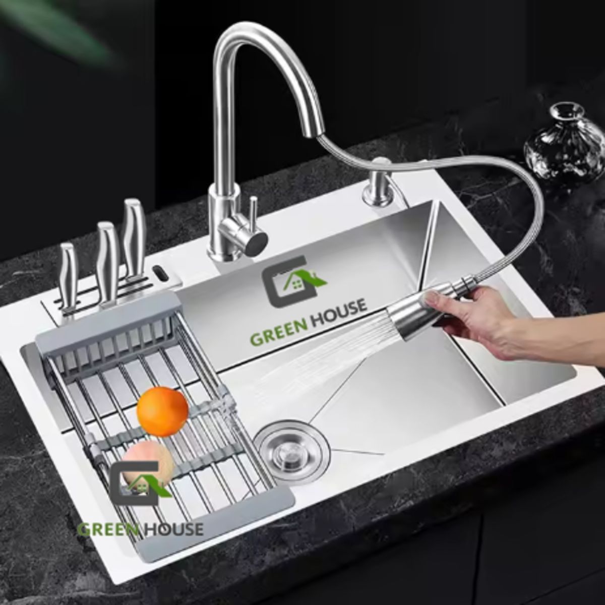 GREEN HOUSE - LAVADERO COCINA 60x45CM PORTA CUCHILLO SATINADO + MEZCLADORA