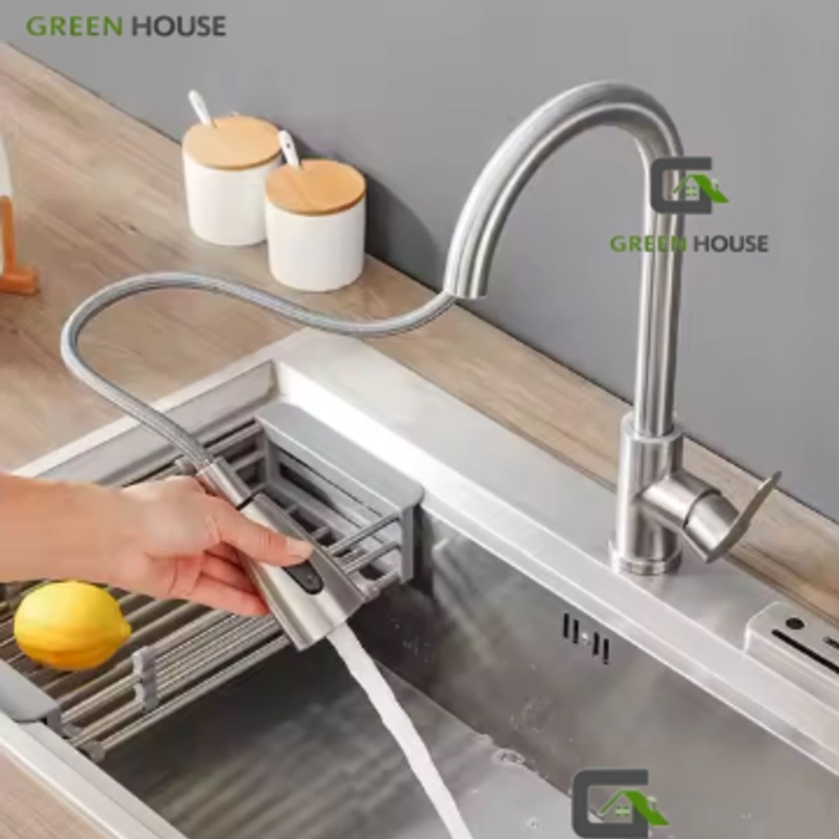 GREEN HOUSE - LAVADERO COCINA 60x45CM PORTA CUCHILLO SATINADO + MEZCLADORA