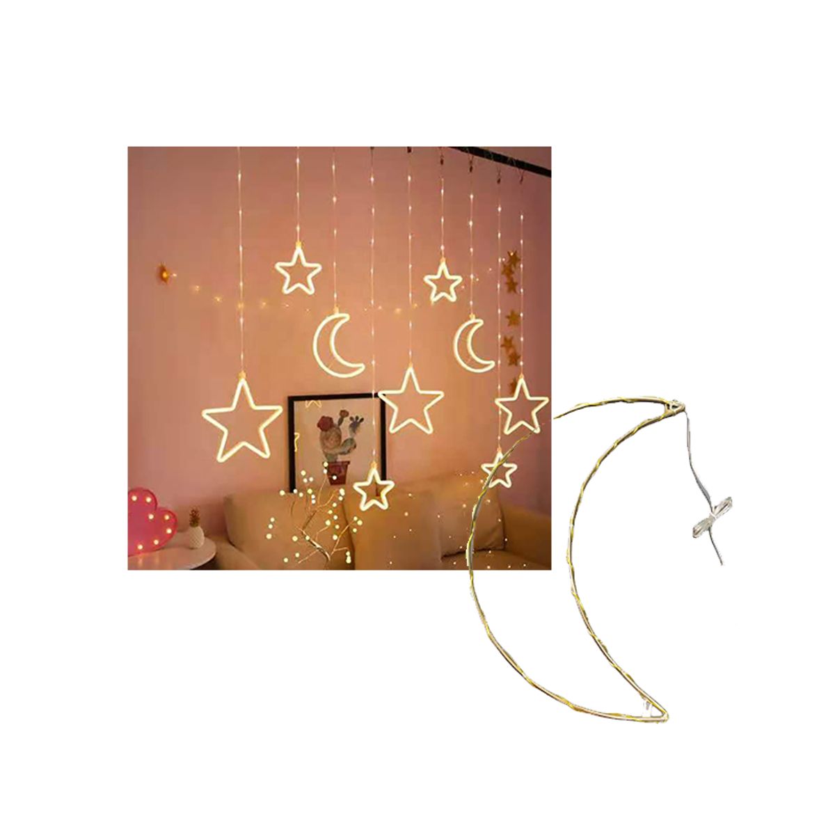 GENERICO - CASCADA CABLE ALAMBRADO media Lunas y estrellas AMARILLAS 3MTS