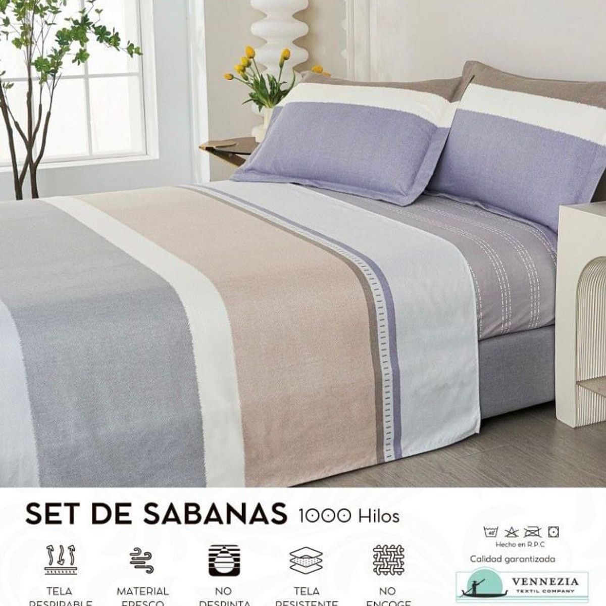 VENECIA - Set de Sabanas QUEEN + Fundas - EUROPEO 100% Algodón