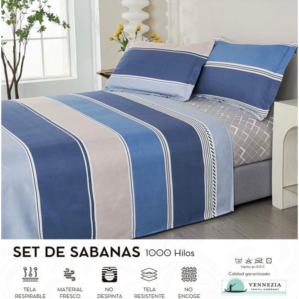 VENECIA - Set de Sabanas QUEEN + Fundas - EUROPEO 100% Algodón