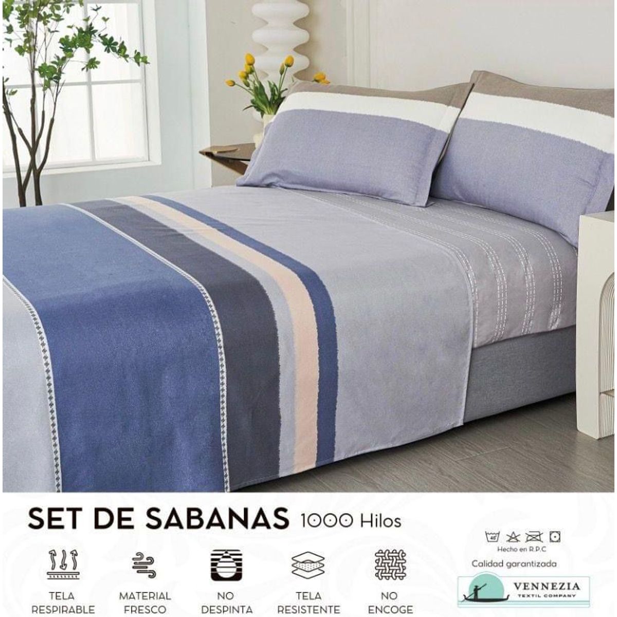 VENECIA - Set de Sabanas QUEEN + Fundas - EUROPEO 100% Algodón