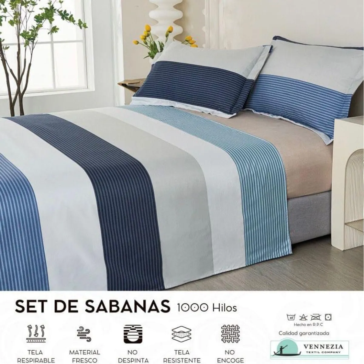 VENECIA - Set de Sabanas QUEEN + Fundas - EUROPEO 100% Algodón