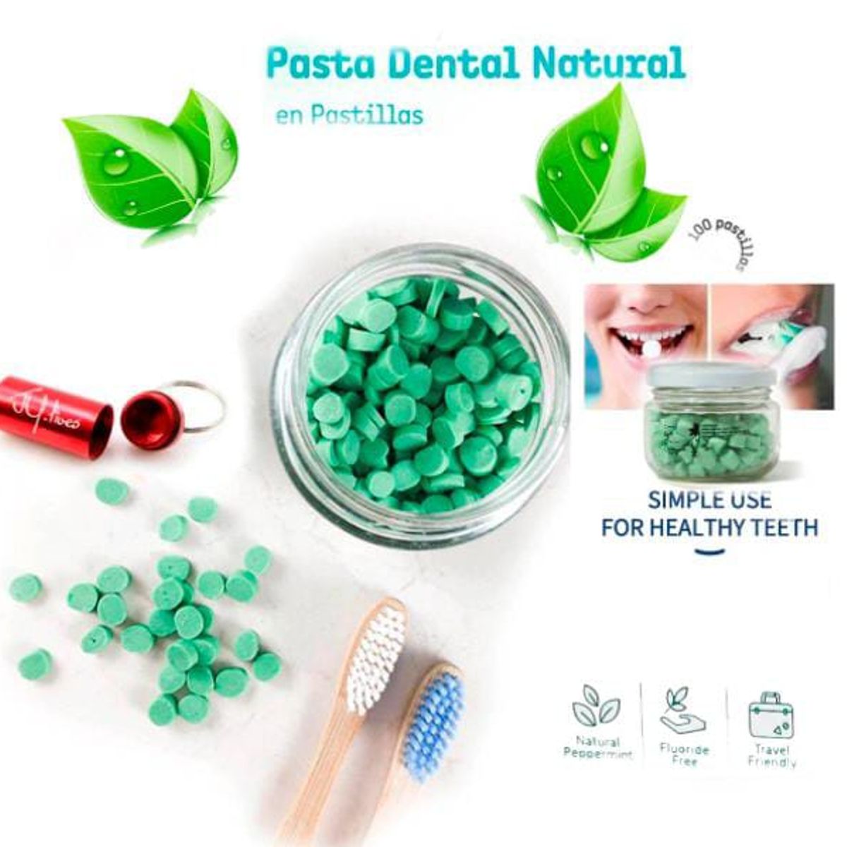 GENERICO - Kit Pasta dental viajera 100 pastillas + llavero pastillero