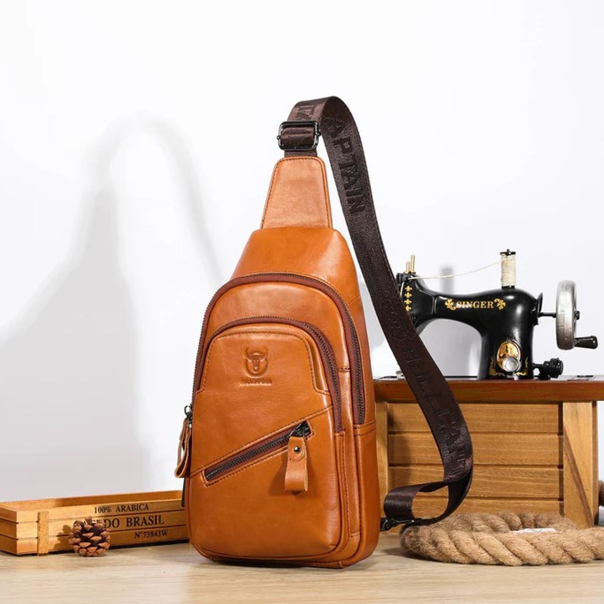 BULLCAPTAIN - BullCaptain - Mochila cruzada de Cuero XB-127-BR - Marrón