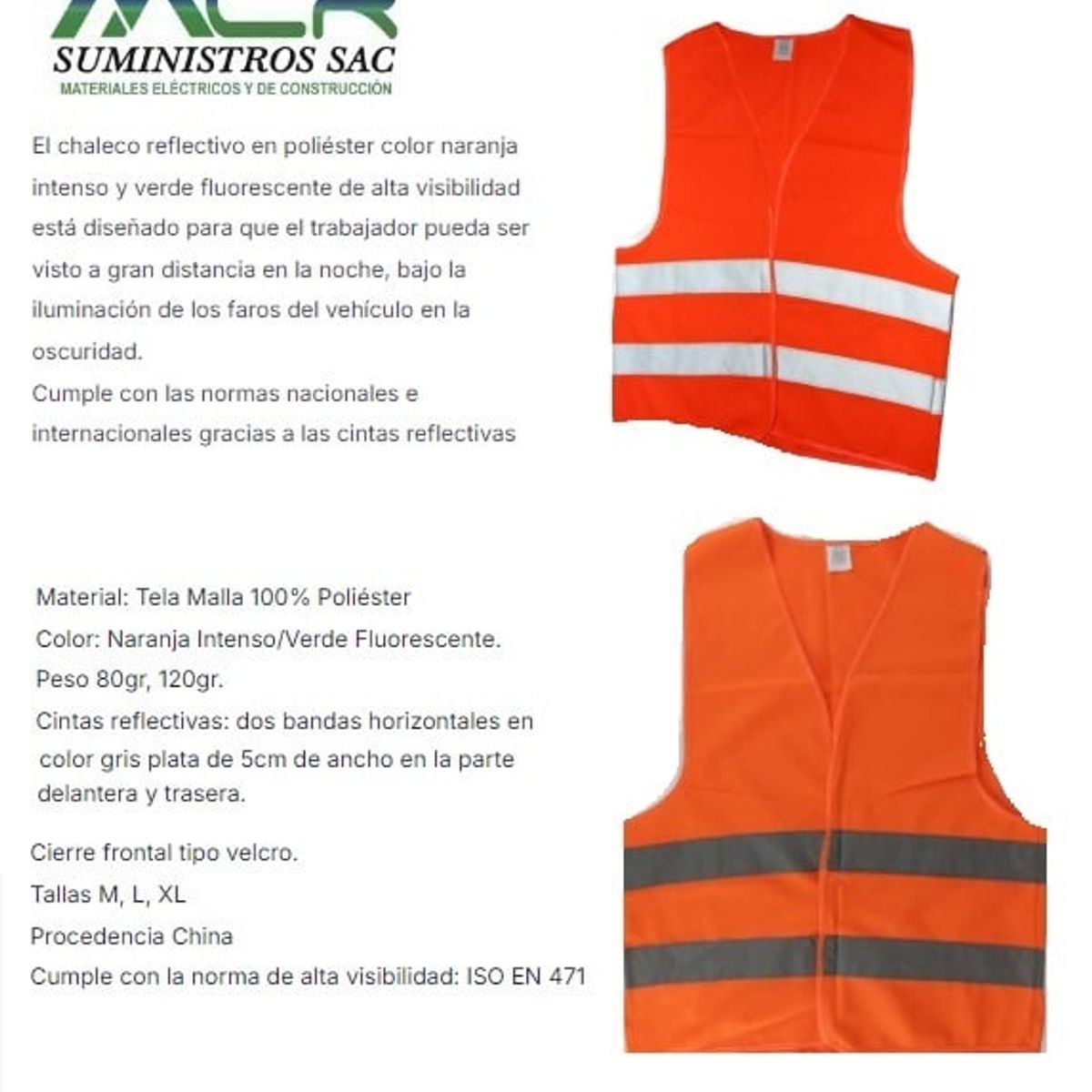 GENERICO - CHALECO DE SEGURIDAD CON 2 CINTAS REFLECTIVA MALLA POLIESTER NARANJA XL X 5UND