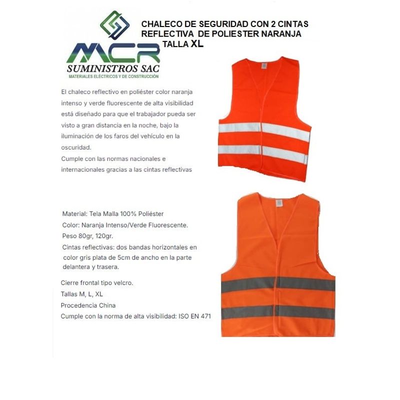 GENERICO - CHALECO DE SEGURIDAD CON 2 CINTAS REFLECTIVA MALLA POLIESTER NARANJA XL X 5UND