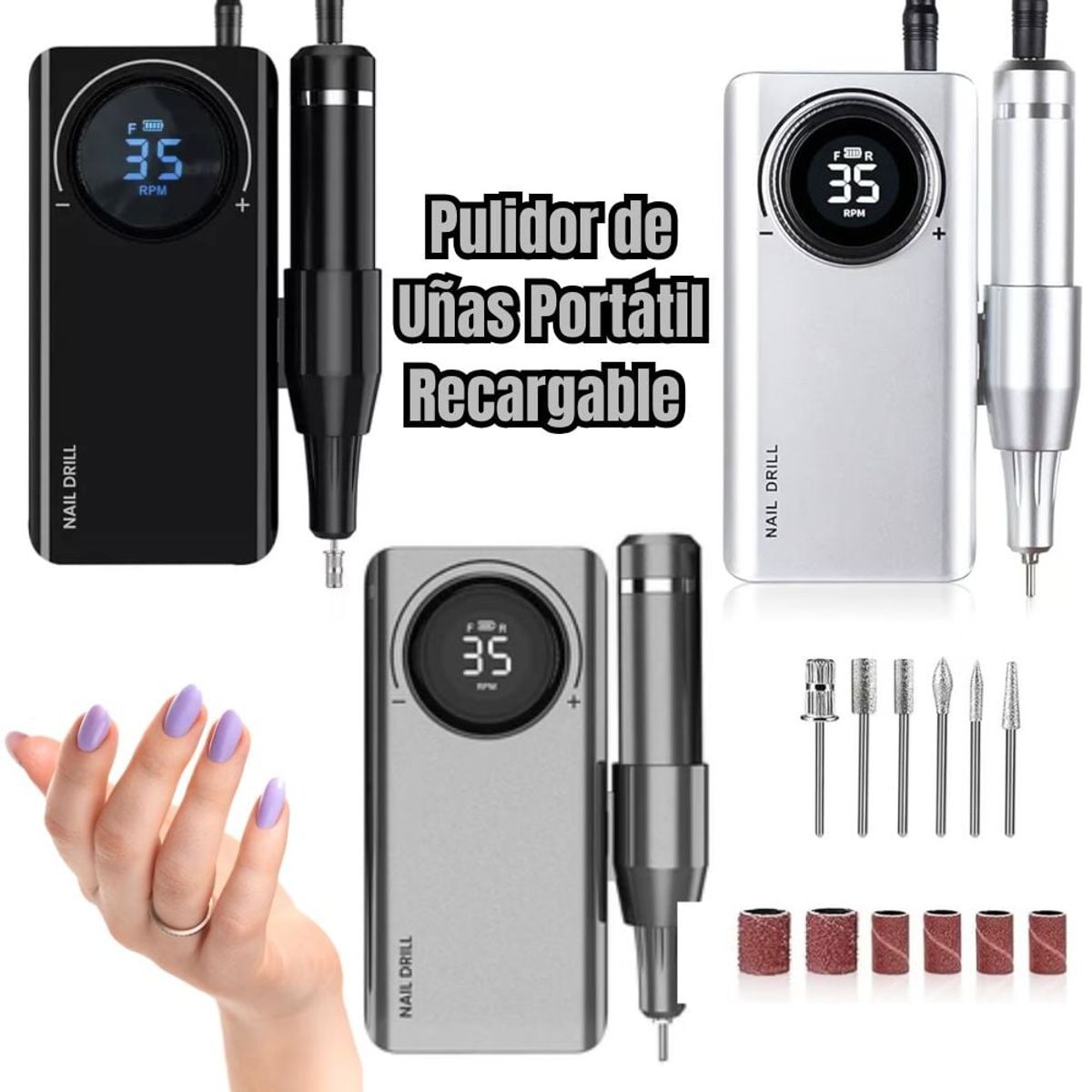 GENERICO - Pulidor  de Uñas Portátil Recargable con Cabezales