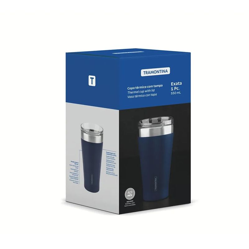 TRAMONTINA - Vaso Térmico de Acero con tapa 500 ml Azul Exata - Tramontina