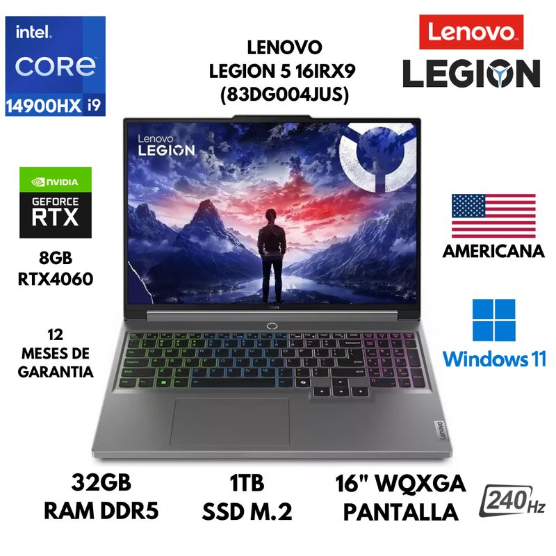 LENOVO - LAPTOP LENOVO LEGION 5 16IRX9 CORE I9 14900HX 32GB RAM 1TB SSD 8GB RTX4060 16" WINDOWS 11 AMERICANA