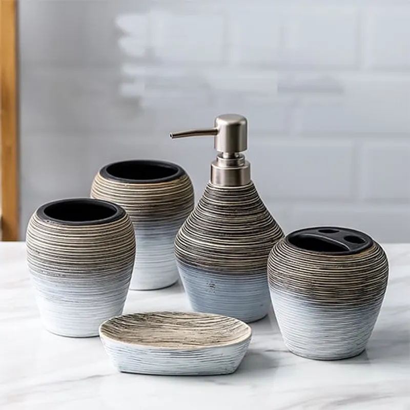 GENERICO - Juego De Baño Ceramica Retro Set Jabonera Cepillo Jabon 5 Piezas