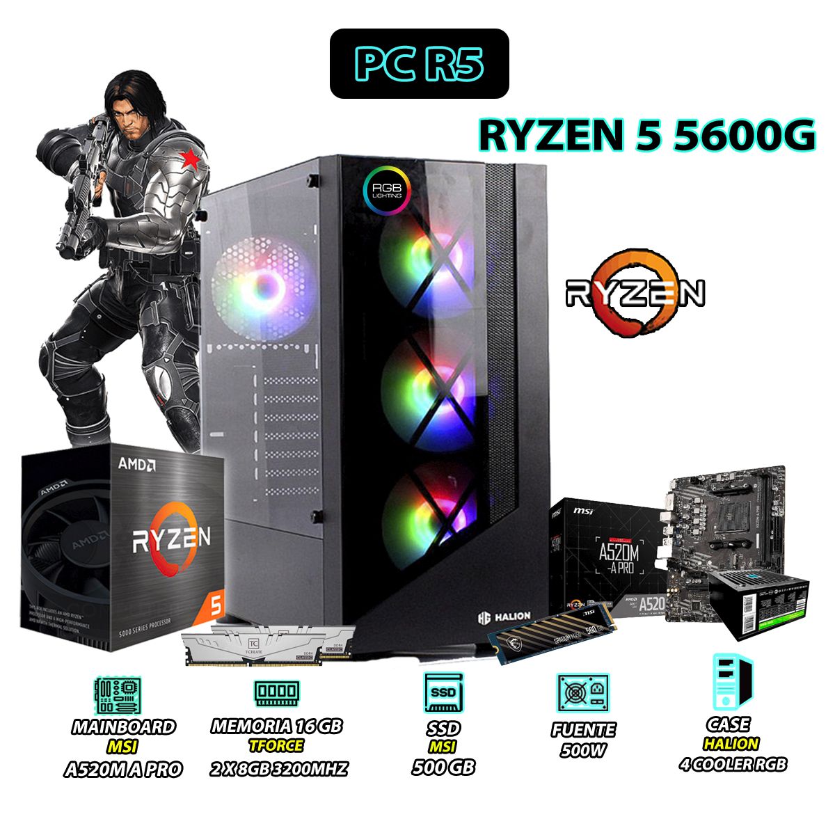 AMD - Computadora PC Ryzen 5 5600G RAM 16GB DISCO 500GB SSD CON GRAFICOS RADEON VEGA