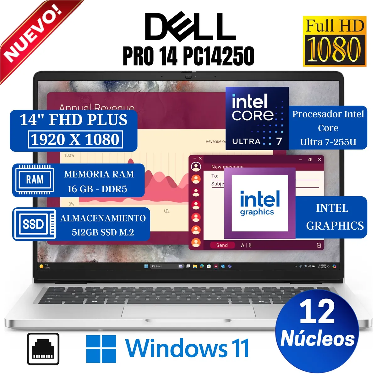 DELL - Laptop Dell Pro 14 PC14250 14" FHD Plus, Core Ultra 7-255U, Ram 16GB, Ssd 512GB, Win 11 Pro