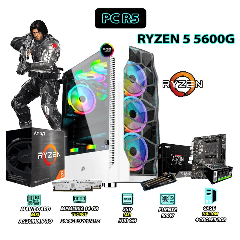 AMD - Computadora PC Ryzen 5 5600G RAM 16GB DISCO 500GB SSD CON GRAFICOS RADEON VEGA