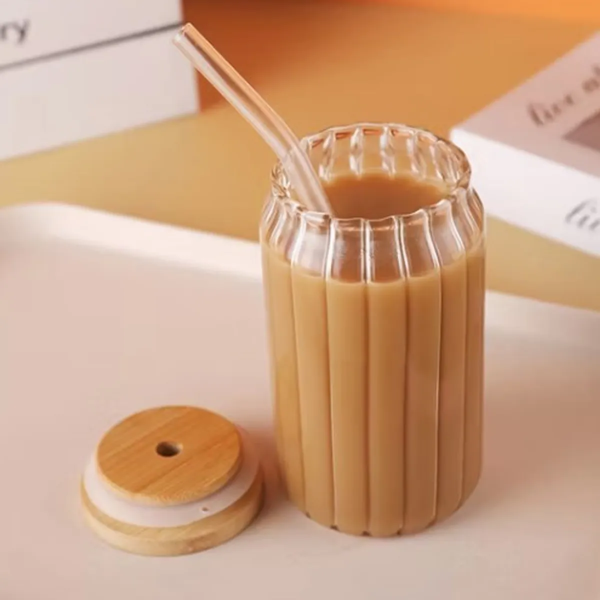 GENERICO - Vaso Alto de Vidrio con Sorbete y Tapa de Bambu