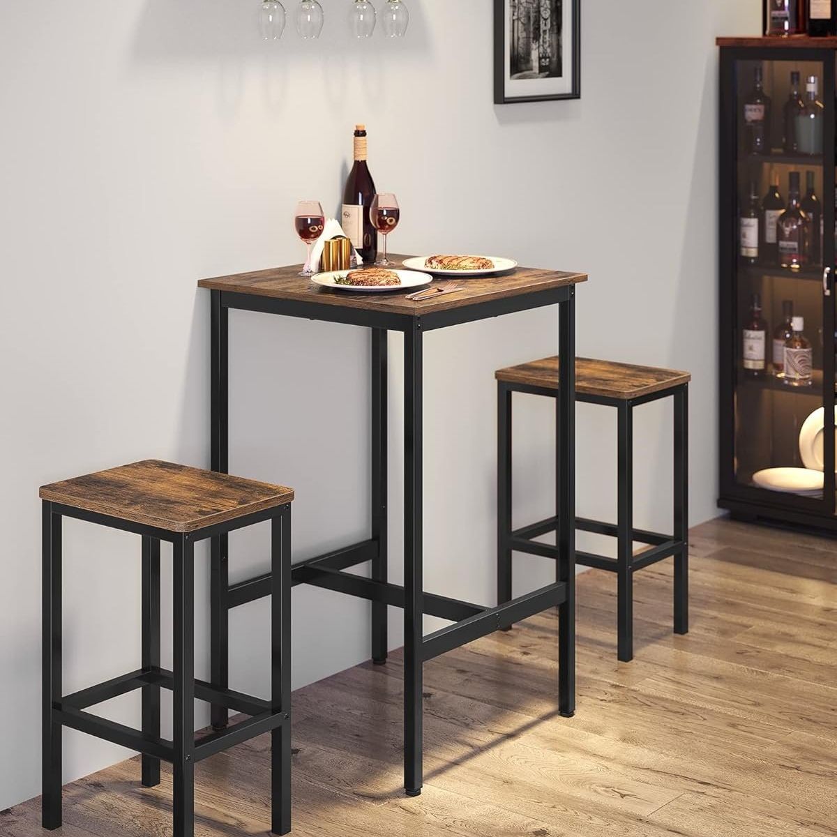 GENERICO - Juego Mesa de bar o cocina y 2 bancos nogal