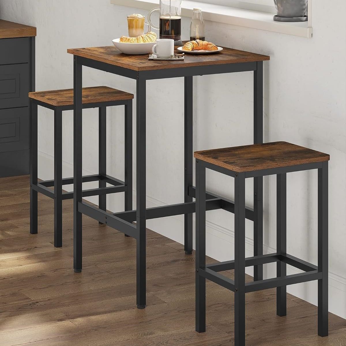 GENERICO - Juego Mesa de bar o cocina y 2 bancos nogal