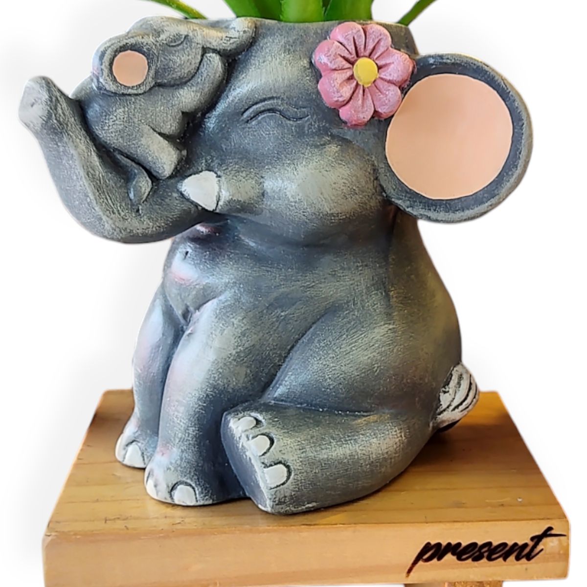 GENERICO - Maceta macetero Elefanta y cría+Banquita pino Pintada a Mano Present