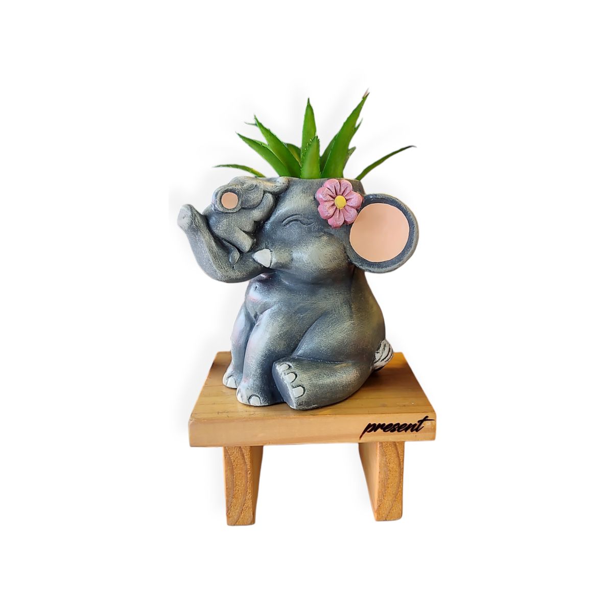 GENERICO - Maceta macetero Elefanta y cría+Banquita pino Pintada a Mano Present
