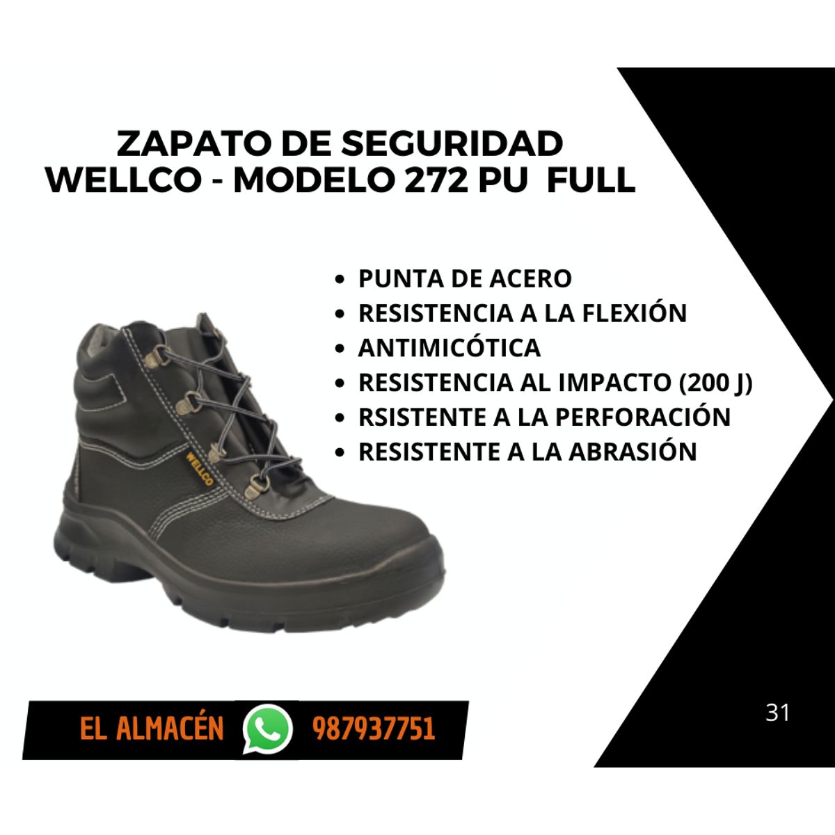 WELLCO - ZAPATO DE SEGURIDAD PUNTA DE ACERO  WELLCO - MODELO 272 PU FULL