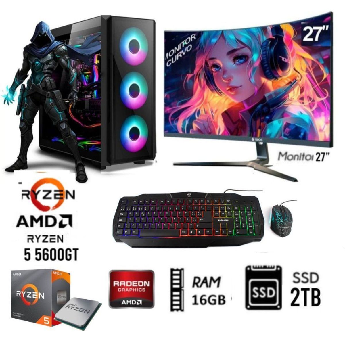AMD - Computadora PC GAMER RYZEN 5 5600GT RAM 16GB DISCO 2TB  MONITOR 27 FHD