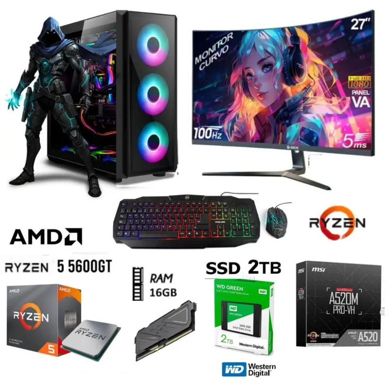 AMD - Computadora PC GAMER RYZEN 5 5600GT RAM 16GB DISCO 2TB  MONITOR 27 FHD