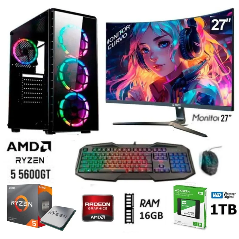 AMD - Computadora PC GAMER RYZEN 5 5600GT RAM 16GB DISCO SSD 1TB  MONITOR 27 FHD