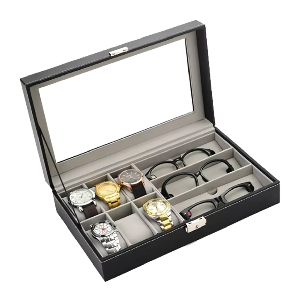 GENERICO - Organizador De 6 Relojes y 3 lentes Portareloj Estuche Elegante Unisex