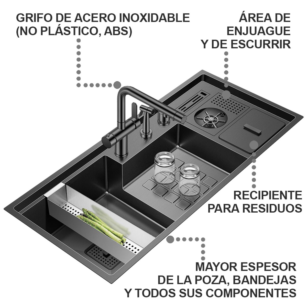 HIGRILL - Lavadero Multifuncional De Lujo y Grifería Dual de Acero Inox 304 Negro con Recipiente para Residuos