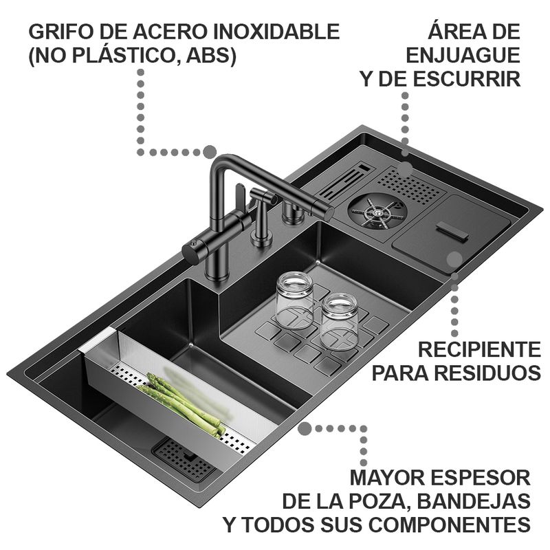 HIGRILL - Lavadero Multifuncional De Lujo y Grifería Dual de Acero Inoxidable 304 Negro con Recipiente para Residuos